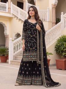 Salwar Kameez noir brodé en faux georgette, robe de mariée traditionnelle pour femme, longueur ras du sol, style Sharara Inde Pakistan, livraison rapide - Product Image 2