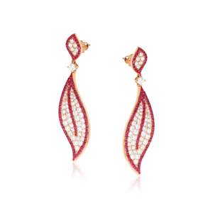 Rose Gold Plated Leaf <b>Drop</b> <b>Earrings</b> With Round Brilliant Cut Diamonds And <b>Red</b> Gemstones For Women Party Jewelry - Product Image 2