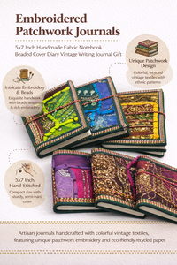 Embroidered Patchwork Cotton Journal 5x7 Inch Handmade Silk Screen Printed Fabric <b>Notebook</b> Beaded Cover <b>Diary</b> Vintage Textile - Product Image 6