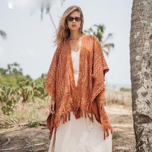 Vestido Poncho Estilo Boho para Mujer, Chaqueta Kimono de Manga Ancha, Cárdigan de Algodón Crudo, Top Tipo Pareo, Vestido Tribal - Product Image 3