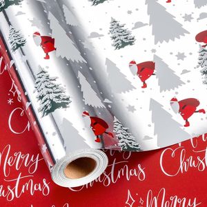 Rotolo di Carta da Regalo Natalizia Reversibile con Design Argento Metallizzato, Albero di Natale su Campo Innevato e Scritta 'Buon Natale' Rossa - Product Image 1