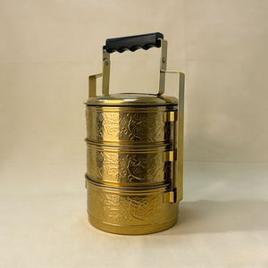 Polished gold brass tiffin <b>box</b>, 3 tier antique gold lunch <b>box</b>, traditional unique <b>locking</b> food carrier, at wholesale prices. - Product Image 4