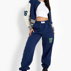 Varsity Jacket Women's Blue White Letterman Bomber Coat Embroidered 06 Patch Preppy Style Zipper Closure Short Length - Product Image 4