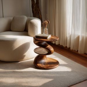 Solid Wood Spiral End Table Handcrafted Sculptural <b>Round</b> Accent Nightstand Natural Wooden Side Table <b>Stools</b> Ottomans - Product Image 2