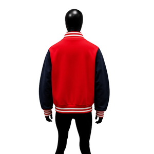 Veste universitaire en laine rouge et bleu marine avec col, poignets et ourlet côtelés à rayures blanches, veste de baseball classique pour hommes et femmes - Product Image 2