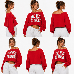 Sweat-shirt court oversize pour femme, coupe épaules dénudées, effet usé, broderie lettres, 380 GSM - Product Image 5