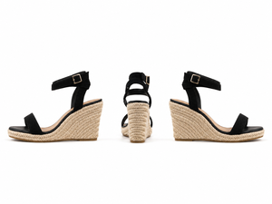 Sandales <span class=keywords><strong>compensées</strong></span> en daim noir pour femme, à bout ouvert, avec boucle de cheville, plateforme en paille tressée, <span class=keywords><strong>chaussures</strong></span> d'été <span class=keywords><strong>chic</strong></span> pour les vacances, faible MOQ, OEM, ODM - Product Image 3