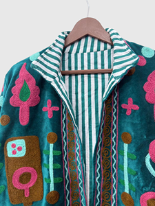 Veste en velours brodée à la main avec des motifs floraux, manches longues, col rabattu, style chic prairie pour adultes, tenue d'automne - Product Image 6