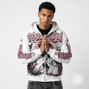 Custom Men White <b>Zip</b> Up Hoodie Pink Graphic Print Streetwear Casual Fashion <b>Hooded</b> Sweatshirt Long Sleeve For Unisex Wear - Product Image 5