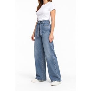 Jeans de Mezclilla de Cintura Alta y Pierna Ancha para Mujer, Estilo Hip Hop, Color Azul Medio, Marca Privada OEM - Product Image 3