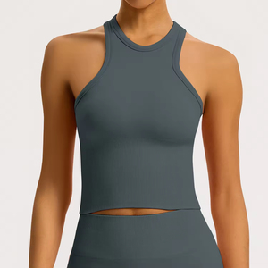 Round Neck Hanging Neck Sleeveless Knitted Casual Women's Tight Fitting Breathable Quick Dry Running Yoga Tank <b>Top</b> - Product Image 3