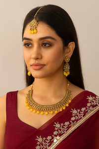 Gold Plated Brass Moissanite <b>Necklace</b> and Earring <b>Set</b> with <b>Pearl</b> Accent Vintage for Women's Wedding Occasion - Product Image 1