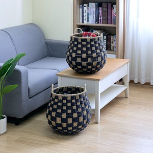 <b>Round</b> Checkered Seagrass Storage <b>Basket</b> with Handles Handmade Storage <b>Basket</b> Wholesale eco-friendly Made in Viet Nam - Product Image 5
