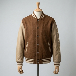 Veste Bomber Homme Marron en Cuir avec Manches en Cuir et Corps en Polaire, Broderie Personnalisée, OEM ODM Vente en Gros - Product Image 1