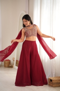 Crunchy Silk Sequence Embroidery Crop <b>Top</b> Set With Flared Palazzo Pant And Neck Belt Dupatta For Party Wear Women MY 102 - Product Image 2