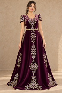 Wine Velvet Modest Maxi <b>Dress</b> Long Sleeve V Neck <b>Gold</b> Embroidery Plus Size Floor Length a Line Breathable <b>Party</b> Eid Muslim Gown - Product Image 2