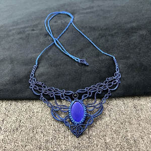 Natural Lapis Lazuli Macrame Necklace Handmade Boho Pendant Adjustable Blue <b>Braided</b> Jewelry - Product Image 3