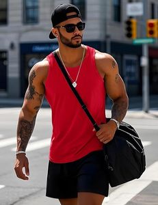 Men's <b>Red</b> Sleeveless Tank <b>Top</b> O-Neck Knitted Solid Color Quick Dry Casual Muscle <b>Vest</b> - Product Image 4