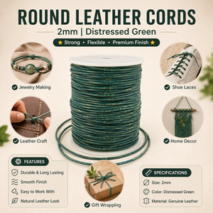 Round Leather Cord 2mm Distressed Green Color | Premium Durable Flexible <b>Strong</b> <b>String</b> for Jewelry Making, Necklace & Bracelet - Product Image 6