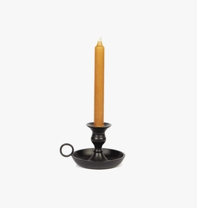 Matte Black Metal Taper <b>Candle</b> Holder with Ring Handle and Catchment <b>Tray</b> for Traditional Vintage Tabletop and Home Decor - Product Image 1