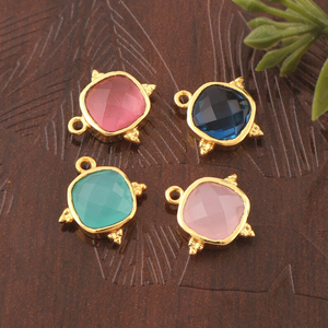 Wholesale jewelry cushion cut gemstone <b>pendant</b> charms connector beaded design 18k gold plated diy single <b>bail</b> making jewelry - Product Image 5