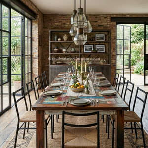 DIVADI Dining <b>Table</b> Java Style Patchwork Knockdown <b>Reclaimed</b> Boat Wood Sustainable Design Eco-Friendly For Indoor and Outdoor - Product Image 6