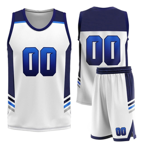 Ensemble de maillots de basket-ball sublimés personnalisés, blanc et bleu, col en V, sans manches, évacuation de l'humidité, vêtements d'équipe unisexes pour adultes - Product Image 4