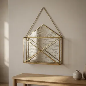 Artisan Design Geometric Brass and Glass Lacquer Wall <b>Shelf</b> with Polygon Design for Modern Home Decor - Product Image 1