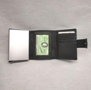 Cowhide Leather ID Card Sleeve Holder <b>Metal</b> Button Coin Zipper <b>Wallet</b> Mens Purses Tri Fold Short RFID Luggage Tag Passport Set - Product Image 2