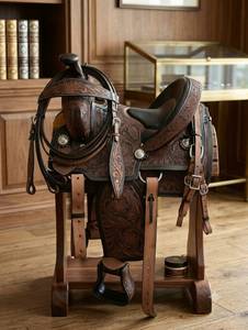 Silla de montar western de cuero repujado a mano con conchos plateados y estribos - Product Image 1