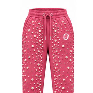 Pantalones Deportivos con Cuentas de Perlas Rosa, Pantalones de Chándal de Lujo para Mujer, Pantalones Casuales de Calle con Cordón Ajustable y Bolsillos - Product Image 3