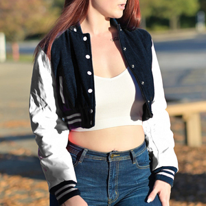 Chaqueta Corta Estilo Universitaria para Mujer, Chaqueta Bomber Negra y Blanca con Letras, Mangas de Cuero Sintético, Ropa Exterior Informal, Moda Femenina - Product Image 2