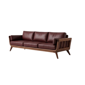 Solid Wood Mid Century <b>Sofa</b> with Brown Leather Cushions Modern Living Room Furniture for Home Hotel Apartment Project - Product Image 2