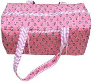 Bolsa de lona acolchada de algodón con estampado floral rosa hecha a mano, bolsa de viaje con estampado de bloques, bolsa de fin de semana, gimnasio, yoga con asa ajustable para mujer - Product Image 4