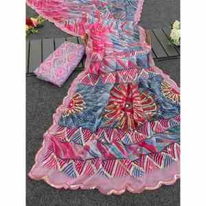 Sari tendance en organza de soie imprimé numériquement avec travail de sequins et blouse non cousue, rose - Product Image 1