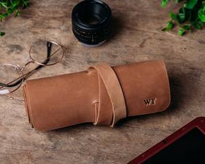 Real Leather Cable Organizer Vintage Cord Wrap Earphone Wire Management <b>Tech</b> Accessories Case Bulk Custom Logo LCO-0023 - Product Image 1
