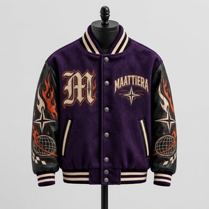 <b>Men</b> <b>Purple</b> Letterman Jacket Black Leather Sleeves Wool Body Embroidered Graphic Snap Front Rib Collar Custom Streetwear - Product Image 5