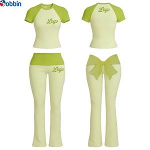 Conjunto Deportivo Personalizado con Logotipo para Mujer, Conjunto de Verano de Algodón para Yoga, Diseño con Lazo, Manga Corta, Pantalones Acampanados con Cintura Plegable, Conjunto de 2 Piezas - Product Image 3