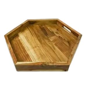 Plateau à fruits en bois 100% en forme d'hexagone fait à la main avec poignée Plateau de service à prix économique pour la maison et la cuisine d'hôtel - Product Image 1