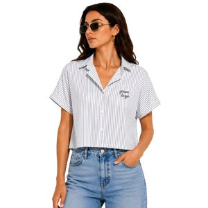 Camisa corta a rayas gris y blanca personalizada para mujer, con logotipo bordado personalizado, manga corta, abotonada, informal, blusa de verano, OEM - Product Image 1
