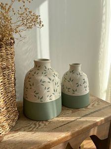 Handmade Ceramic Tabletop <b>Vase</b> <b>Set</b> With Orange And Floral Motifs Bohemian Style 8-16 Inches - Product Image 4
