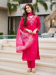 Designer Hand Embroidery Work Roman Silk <b>Kurti</b> With Roman Silk Bottom And Chinon Digital Floral Print Dupatta Ready To Wear Set - Product Image 3