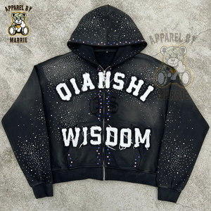 Heavyweight Oversized Zipper Stone Men Hoodie High Quality 100% Cotton Fleece Distress Logo OEM Service Streetwear Men Hoodie - Product Image 3