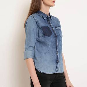 Camisa de Mezclilla para Mujer, Blusa de Manga Larga con Botones, Top Informal de Corte Regular, Azul, Elegante, con Bolsillos, Estampado, Transpirable, para Verano - Product Image 3