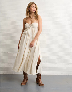 Elegant Strapless Maxi Dress In <b>Cream</b> Color Sheath Silhouette Fitted Formal Wear Woven Fabric 2026 Summer Dress - Product Image 1