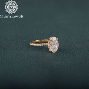 แหวนหมั้นผู้หญิง Charm_Jewells ทรงวงรีประดับโมอิสซาไนต์ ชุบทอง 18K แบบหนามเตย สไตล์คลาสสิก - Product Image 3