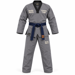 Conjunto de Dobok de Taekwondo al por Mayor para Adultos Unisex, Uniforme de Cuello en V de Mezcla de Algodón con Cinturón y Pantalones Largos, Uniforme Personalizado OEM - Product Image 1