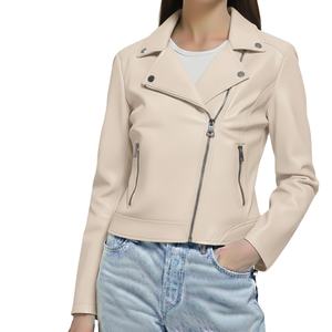 Chaqueta de invierno de lujo para mujer con cierre de cremallera en el cuello, diseño personalizado, nuevo estilo, de cuero genuino teñido liso, con cuello alto de punto. - Product Image 5