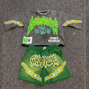 Custom Summer Heavyweight 100% Cotton Streetwear Matching Set Graphic Print Sweatshirt Shorts <b>Distressed</b> Edge Rivet Detail OEM - Product Image 3