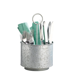 Organisateur de couverts en métal galvanisé avec poignée en bois, style ferme, pour ustensiles et condiments, idéal pour la cuisine et les réceptions - Product Image 2